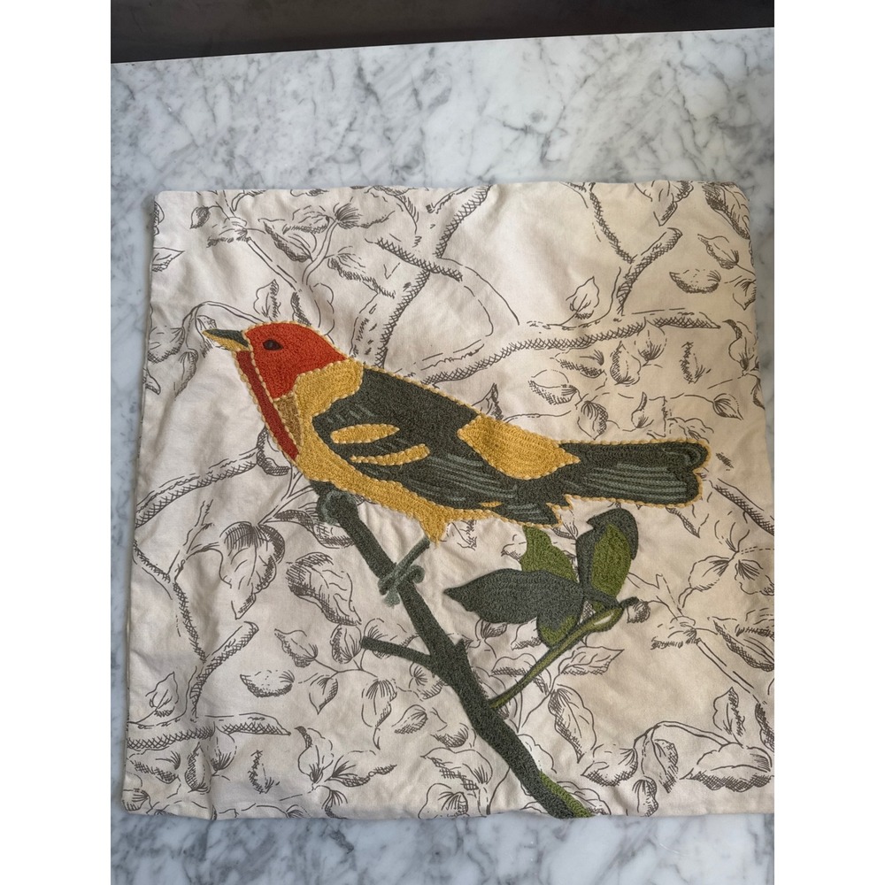 Pottery Barn Bird Embroidered Cotton Throw Pillow Cover 18x18 Cream 1568682